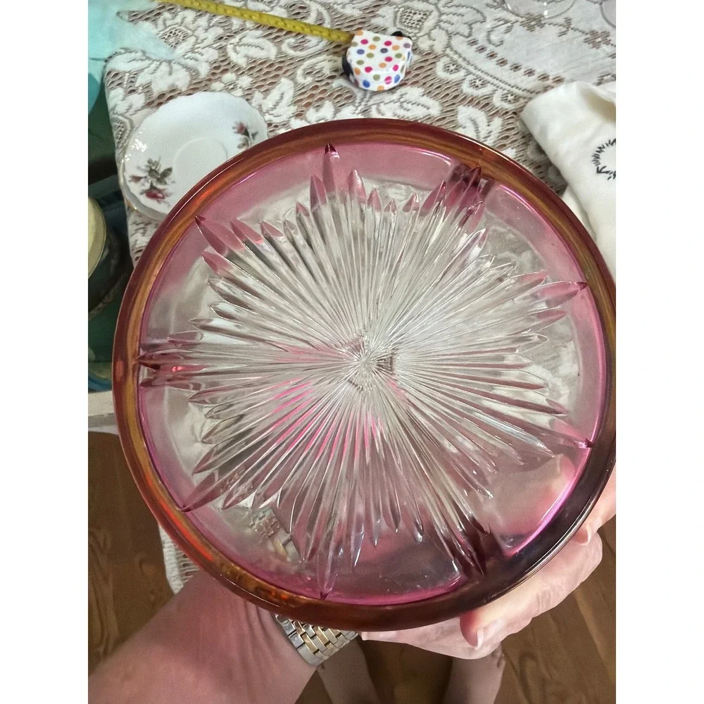 Vintage Cranberry Glass Divided Relish Dish Starburst Clear Base Round 6.5 Inch